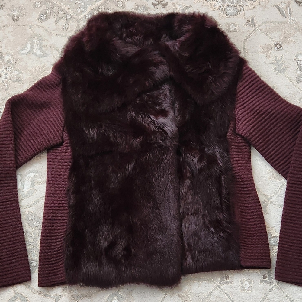Burgundy Rabbit Fur and Knit Cardigan